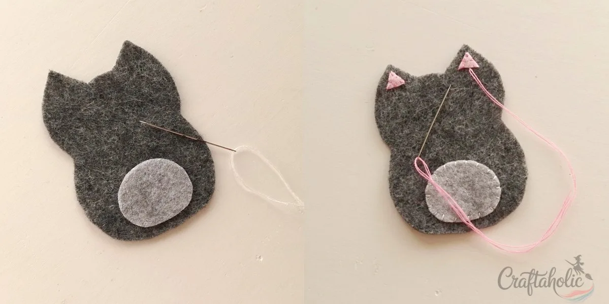 4 Easy to Make Felt Halloween Plushies (Bat, Cat, Ghost, Pumpkin) + Pattern 8 Stitching the belly and ears onto the cat plush front base