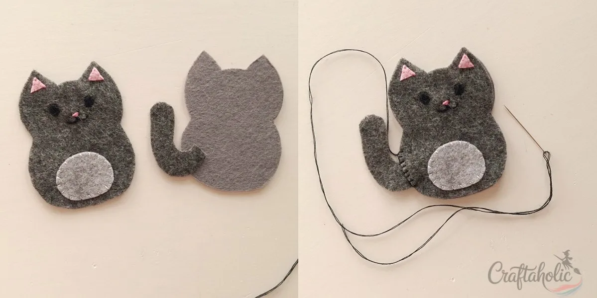 4 Easy to Make Felt Halloween Plushies (Bat, Cat, Ghost, Pumpkin) + Pattern 9 Stitching the cat plush face and joining the front and back bases