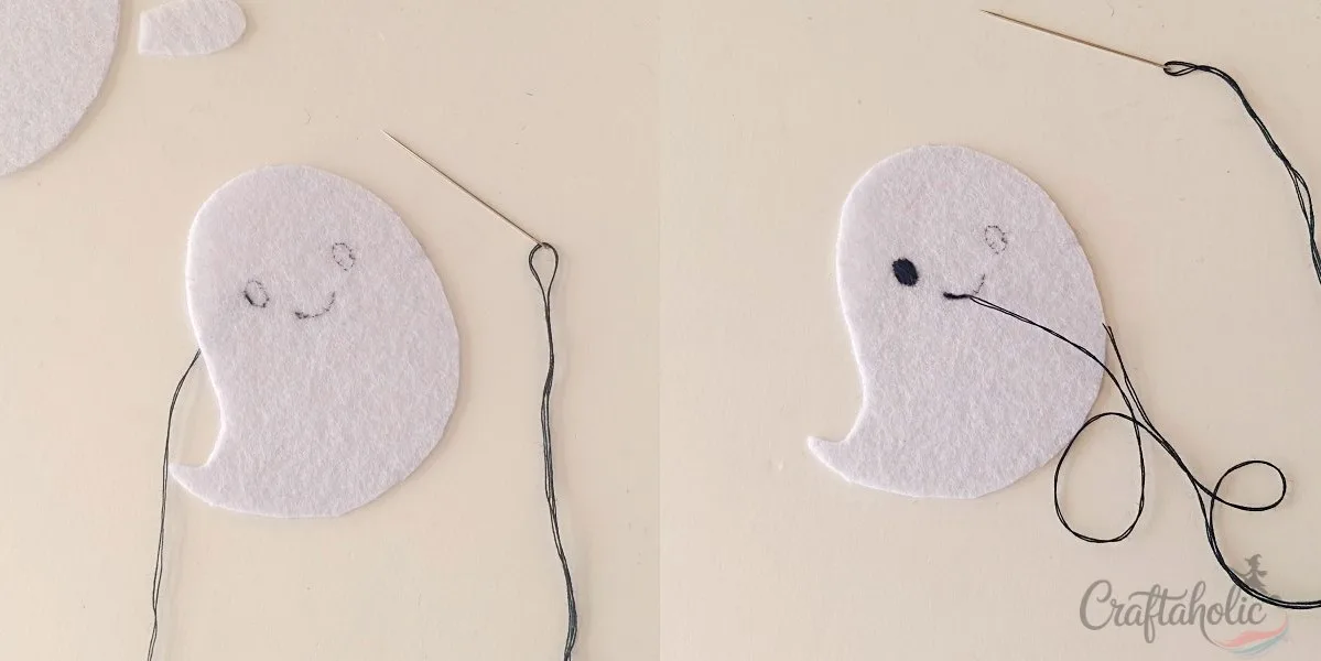 4 Easy to Make Felt Halloween Plushies (Bat, Cat, Ghost, Pumpkin) + Pattern 12 Drawing and stitching the ghost plush face