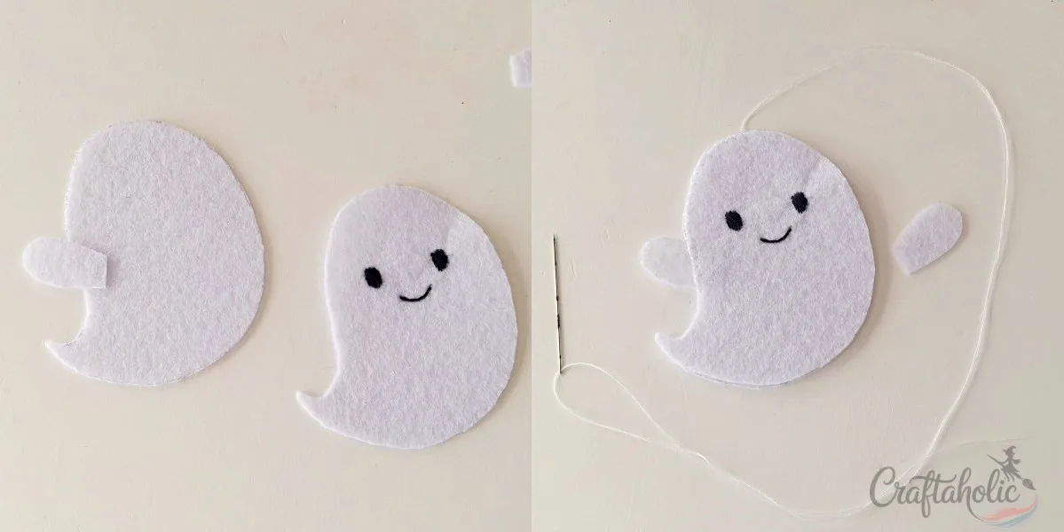 4 Easy to Make Felt Halloween Plushies (Bat, Cat, Ghost, Pumpkin) + Pattern 13 Stitching the ghost plush arm between the front and back bases