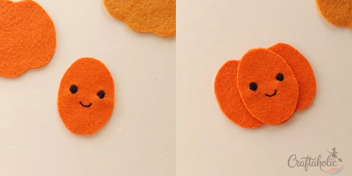 4 Easy to Make Felt Halloween Plushies (Bat, Cat, Ghost, Pumpkin) + Pattern 16 Stitching the pumpkin plush face onto the front base
