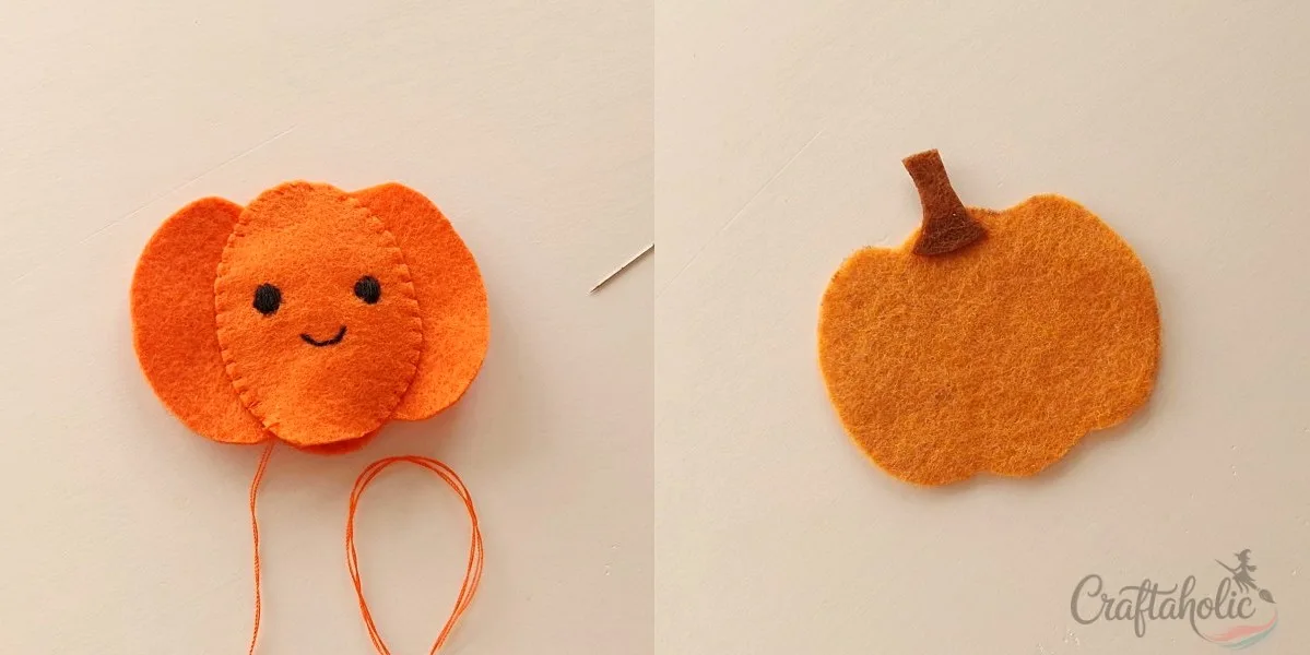 4 Easy to Make Felt Halloween Plushies (Bat, Cat, Ghost, Pumpkin) + Pattern 17 Stitching the pumpkin face and prepping the back base