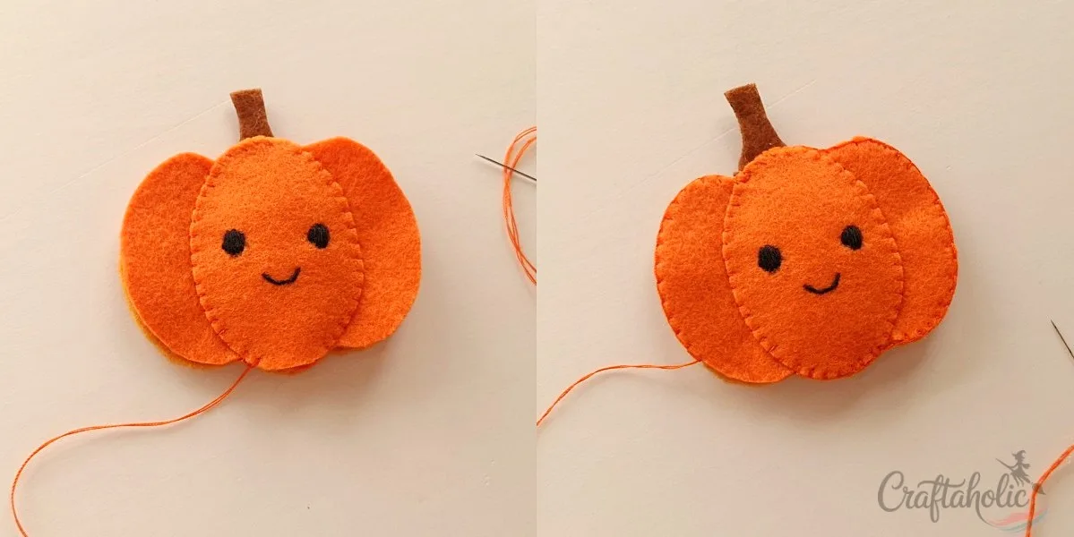 4 Easy to Make Felt Halloween Plushies (Bat, Cat, Ghost, Pumpkin) + Pattern 18 Stitching the pumpkin plush stem between the front and back bases