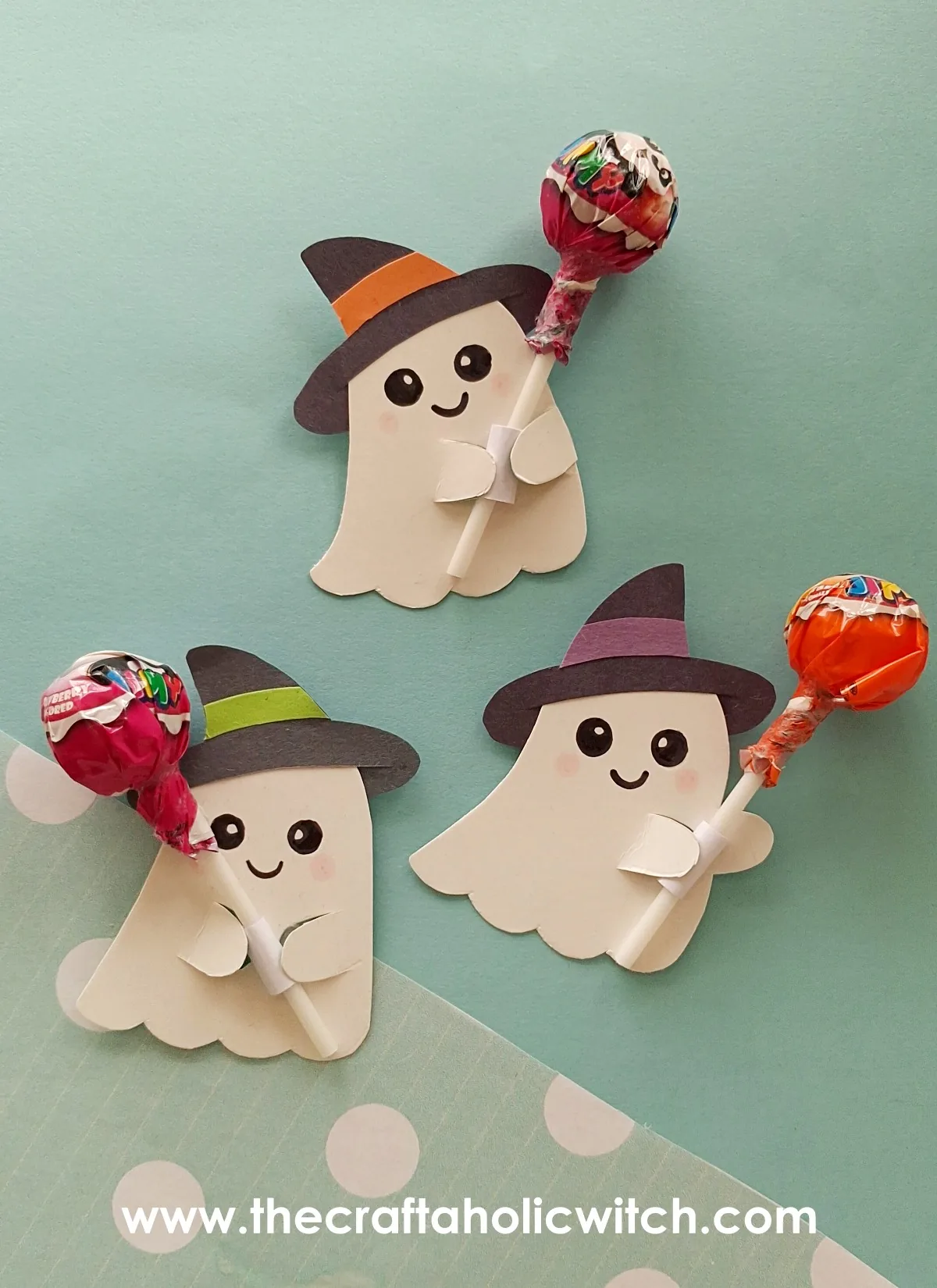Ghost lollipop holder Halloween craft pin Ghost lollipop holder Halloween craft with witch hats and colorful lollipops
