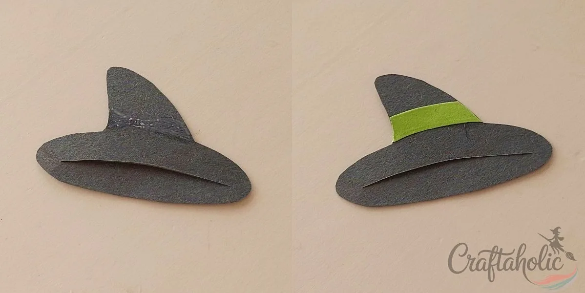 Assembling a witch hat Witch hat cutout with a slit and colored hat band glued on