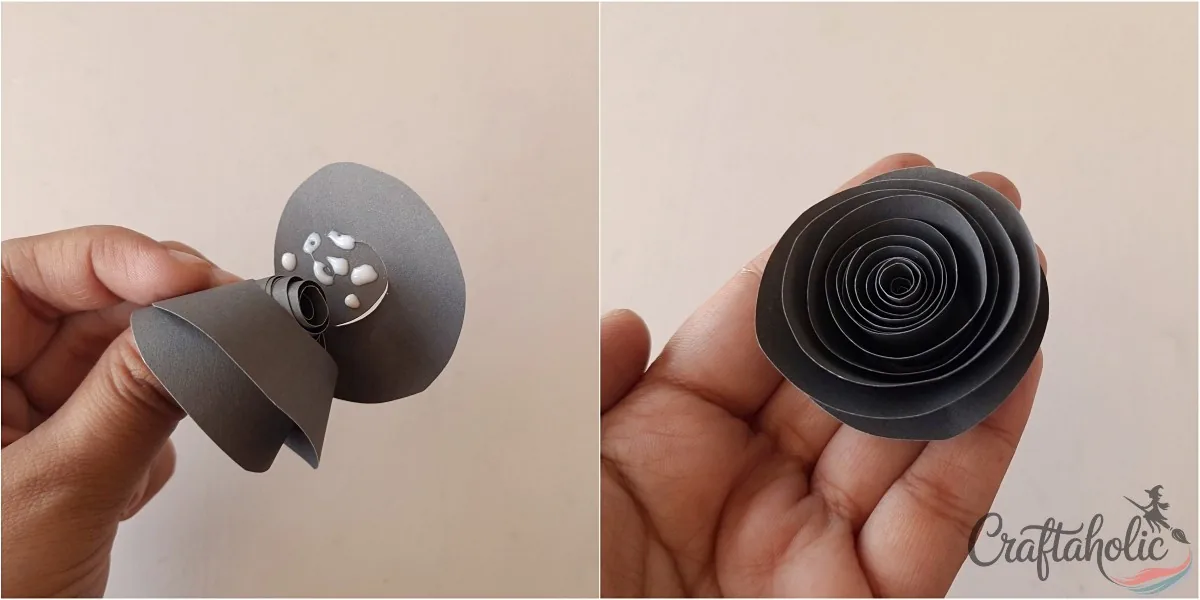Gluing the coiled paper spiral to its center to secure it
