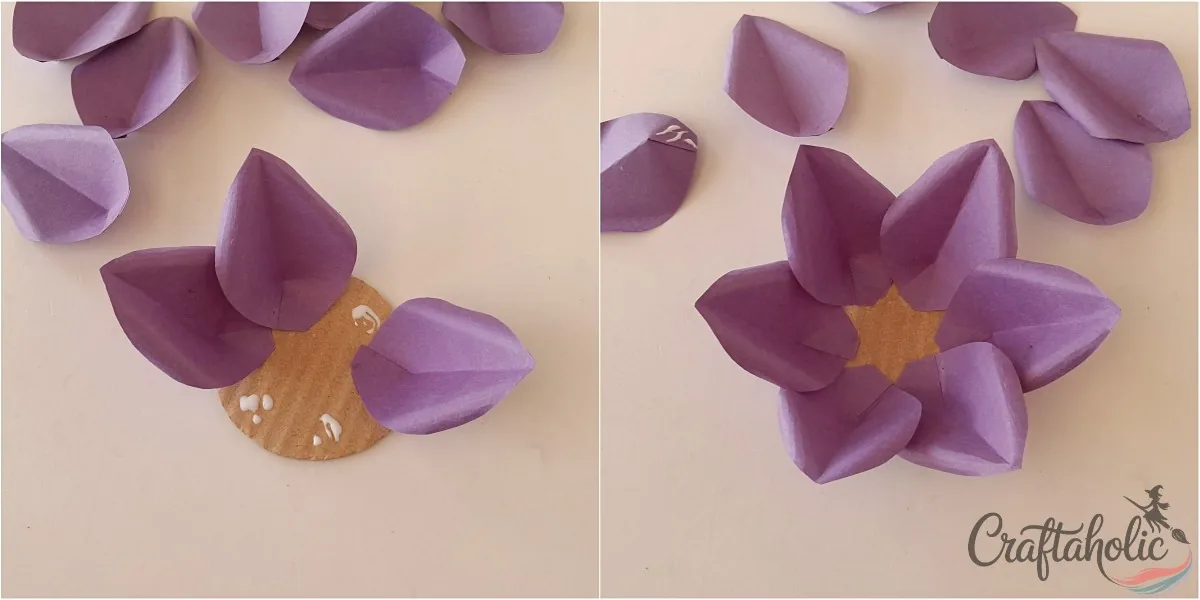 Attaching the outer layer of paper petals around the flower base