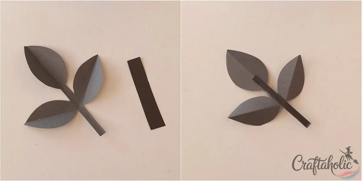 Attaching a folded paper strip along the middle of the leaf branch