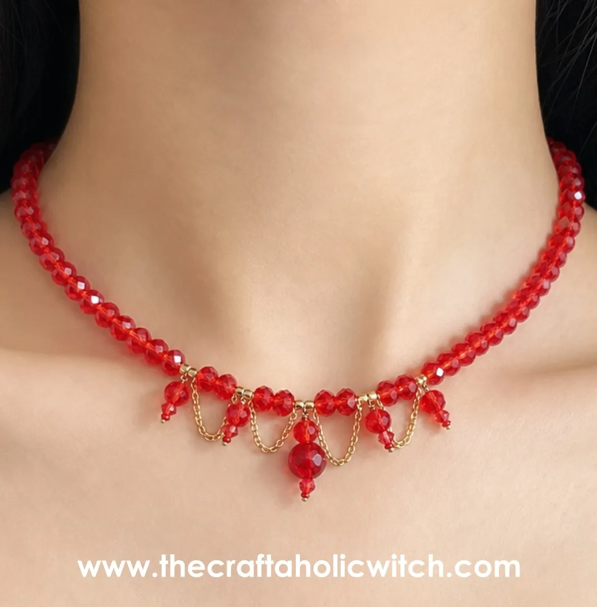 Beaded choker necklace worn Red beaded choker necklace worn on the neck