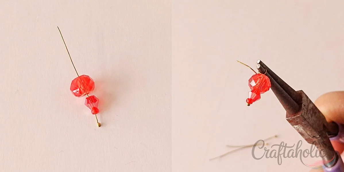 Beaded choker necklace, step 2 Threading a red crystal bead onto a headpin wire for the choker charm