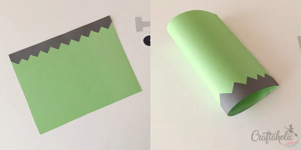 Frankenstein treat box, step 2: attaching hair Attaching the hair cutout and joining the sides of the Frankenstein treat box