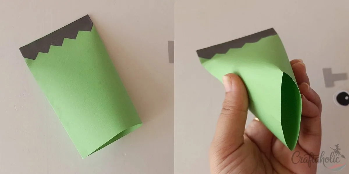 Frankenstein treat box, step 3: securing sides Flattening and securing the top and bottom sides of the Frankenstein treat box