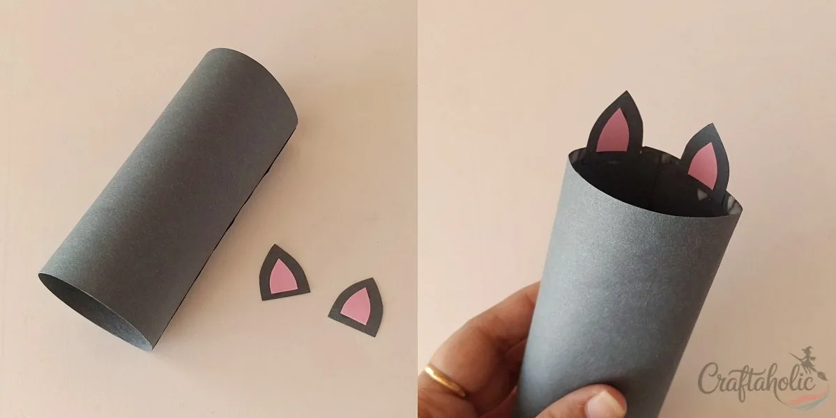 Bat treat box, step 2: gluing the ears Gluing the ear cutouts and rolling the bat treat box base