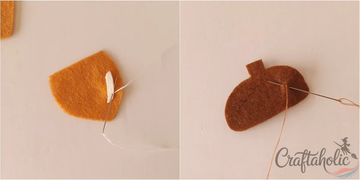 Felt acorn ornament, step 2 Stitching the shine line onto the felt acorn nut and a checkered pattern onto the cup