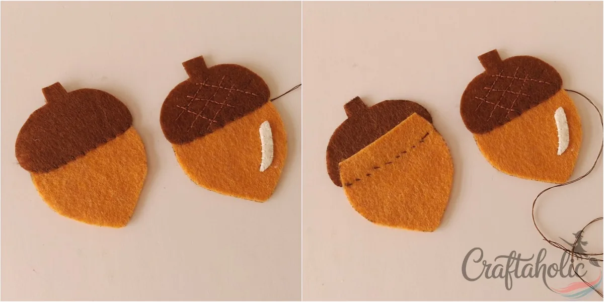 Felt acorn ornament, step 3 Overlapping the stitched felt acorn cup on the nut and stitching along the bottom of the cup