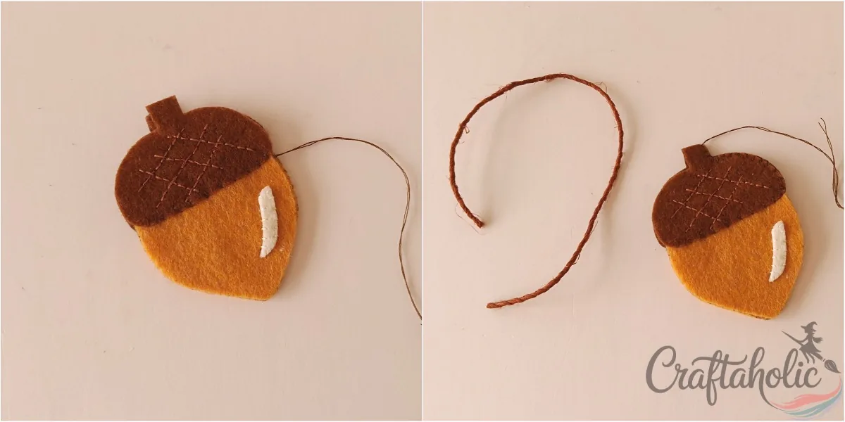 Felt acorn ornament, step 4 Working flat blanket stitch around the sides of the felt acorn ornament