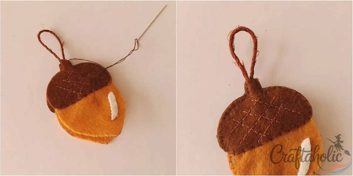 Felt acorn ornament, step 5 Inserting a string loop between the stem parts of the felt acorn ornament