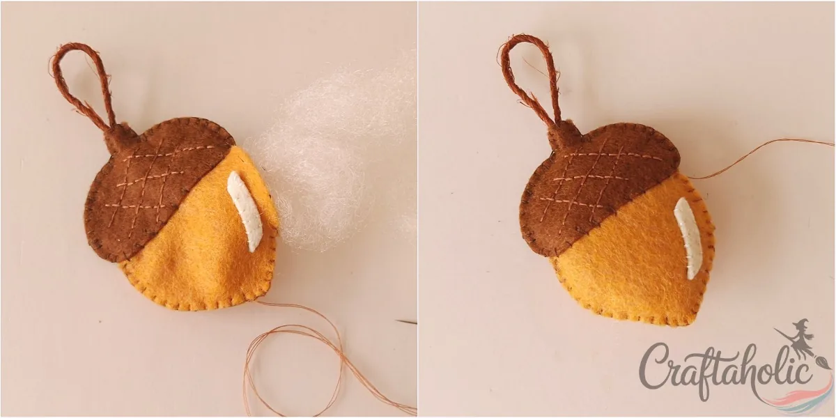 Felt acorn ornament, step 6 Stuffing the felt acorn ornament with cotton through a small opening before closing it