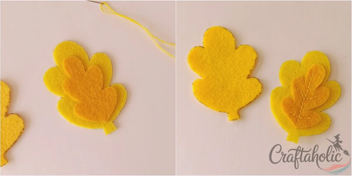 Felt leaf ornament, step 2 Stitching the leaf veins on the inner felt layer to join it to the base leaf