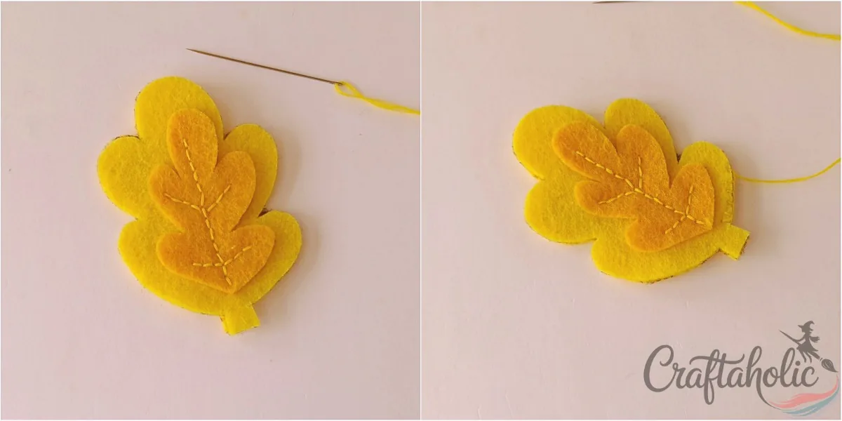 Felt leaf ornament, step 3 Working flat blanket stitch around the double layered felt leaf and the plain leaf base