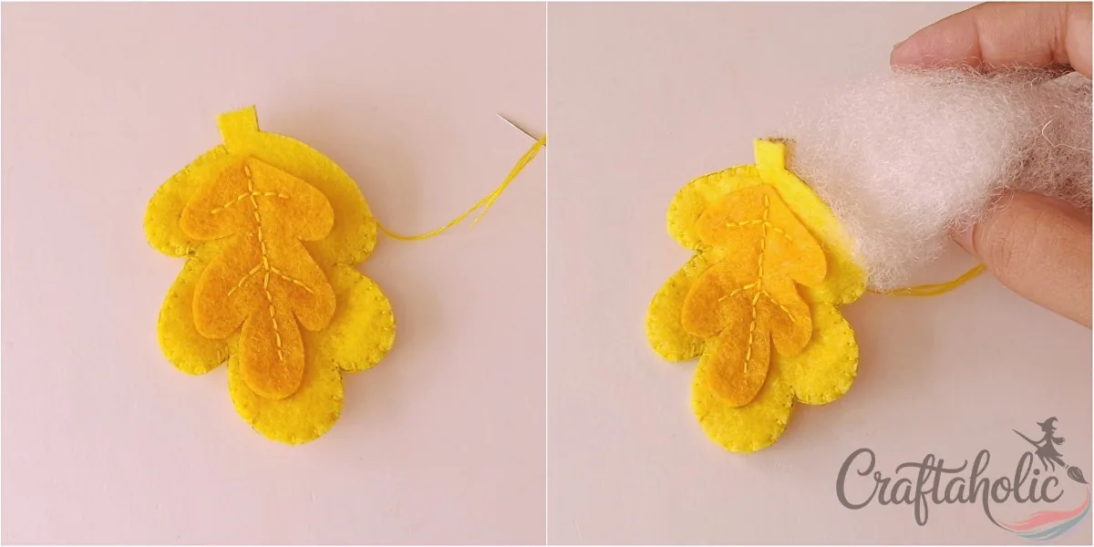 Felt leaf ornament, step 4 Stuffing the felt leaf ornament with cotton through a small opening