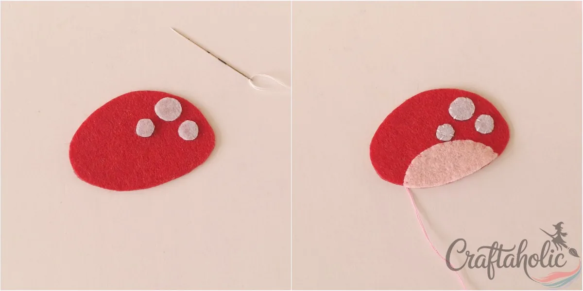 Felt mushroom ornament, step 2 Stitching white felt dots and the gills onto the felt mushroom cap