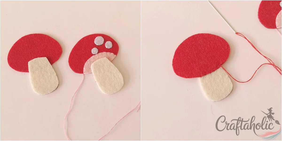 Felt mushroom ornament, step 3 Overlapping the felt mushroom stalk on the cap and stitching along the bottom of the cap