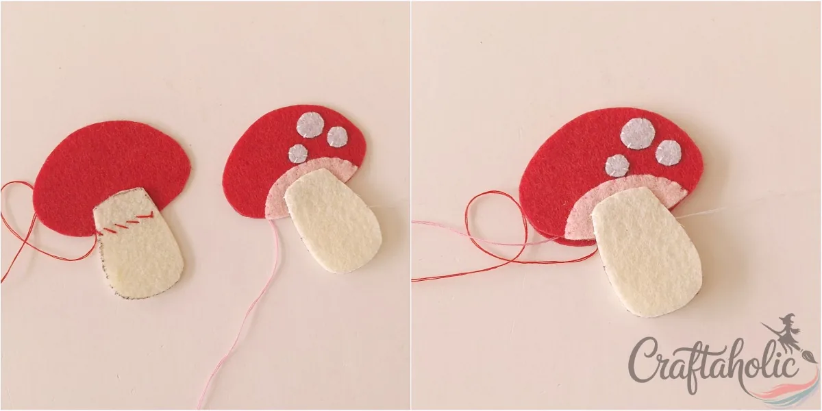 Felt mushroom ornament, step 4 Joining the front felt mushroom stalk to the cap and placing it on the plain back piece