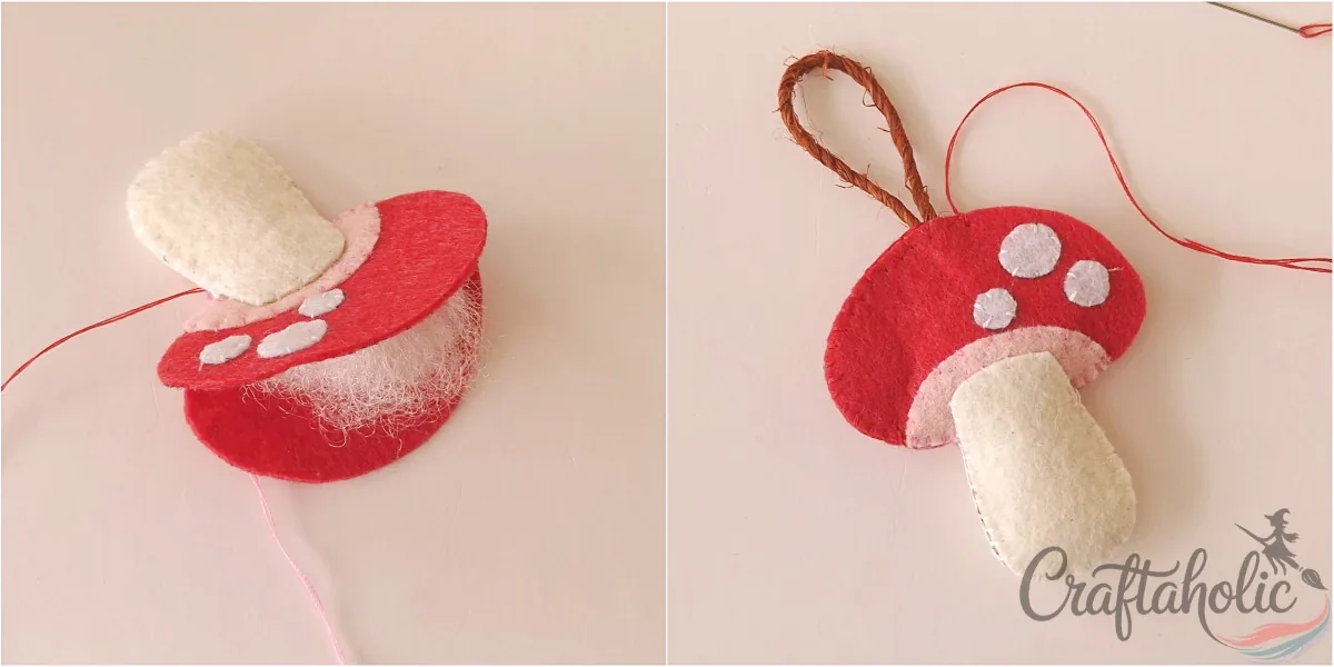 Felt mushroom ornament, step 5 Stitching around the felt mushroom stalk and placing the string loop between the cap layers