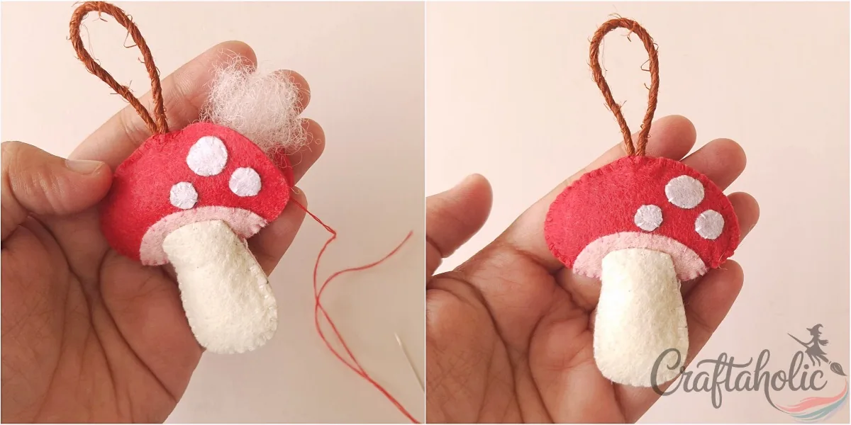Felt mushroom ornament, step 6 Stuffing the felt mushroom cap with cotton and closing the opening