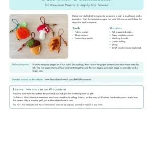 Felt fall ornaments pattern PDF info page with the tools, materials and print instructions