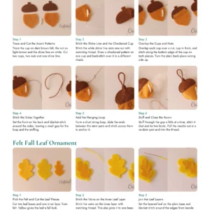 Felt fall ornaments PDF tutorial page showing photo steps for the felt acorn and leaf ornaments