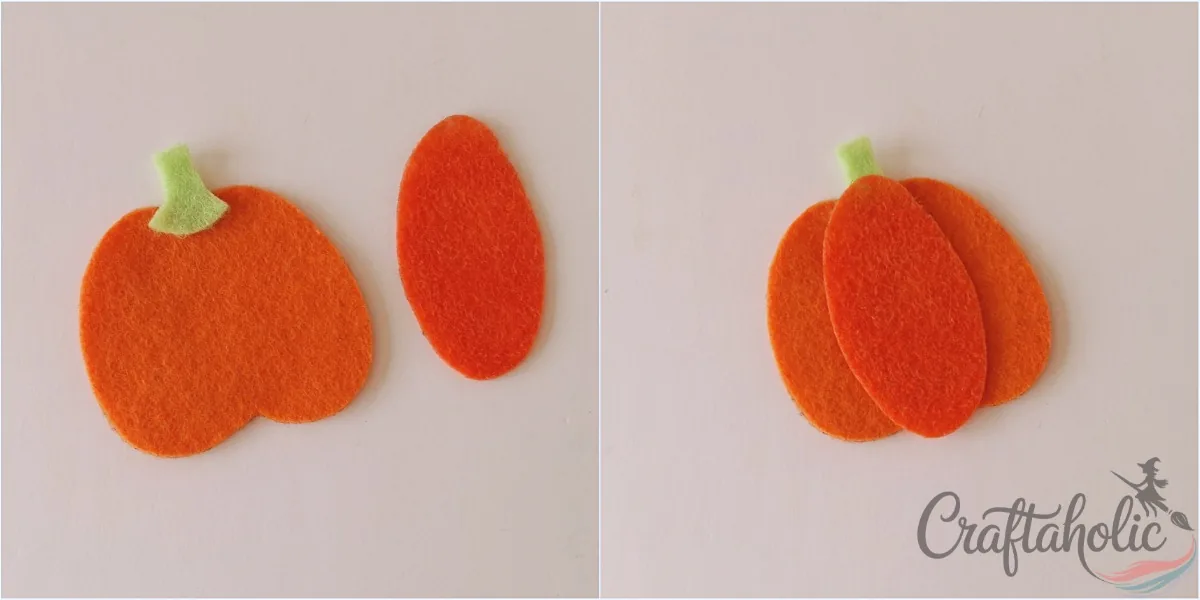 Felt pumpkin ornament, step 2 Arranging the felt pumpkin stem and middle layer on the front base