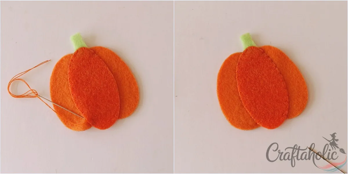 Felt pumpkin ornament, step 3 Stitching the felt pumpkin middle layer to the front base around the border