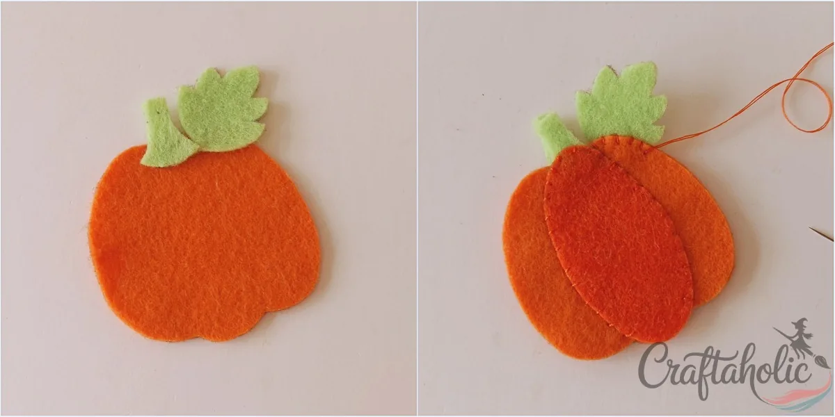 Felt pumpkin ornament, step 4 Placing the felt pumpkin stem and leaf on the back base with the front piece on top