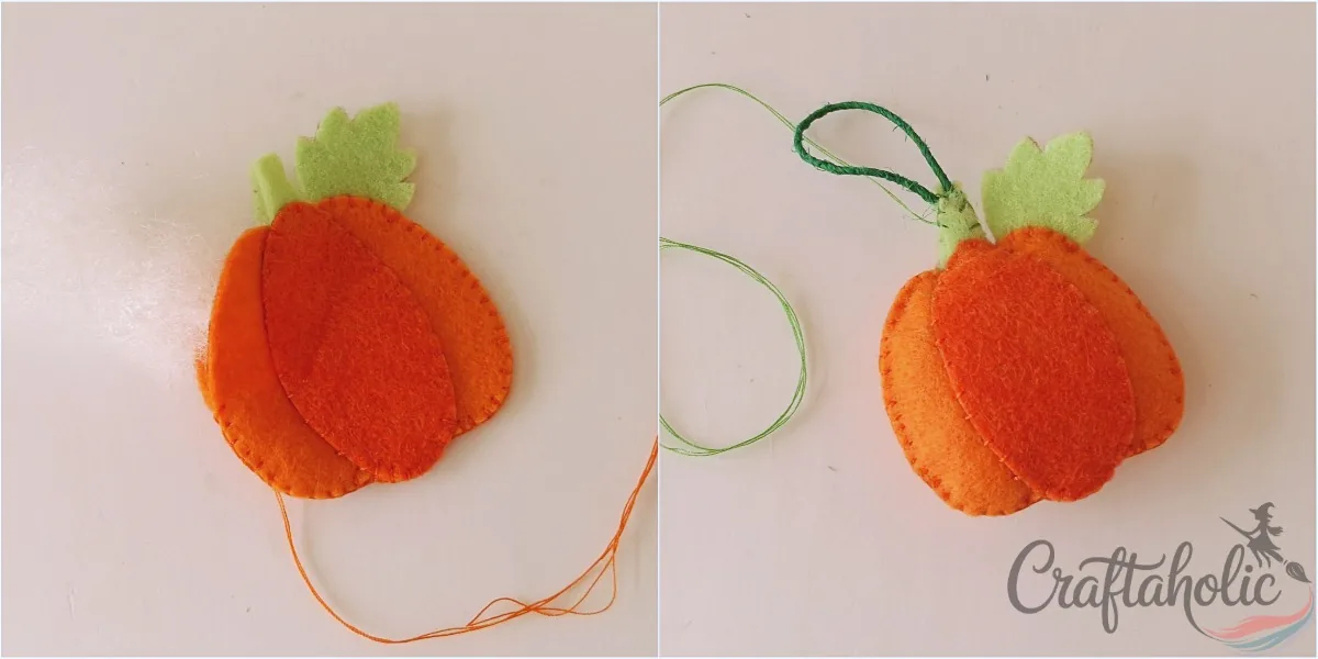 Felt pumpkin ornament, step 5 Working flat blanket stitch around the felt pumpkin ornament and stuffing it through a small opening
