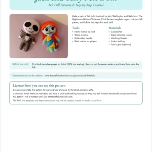 First page of the Jack and Sally felt doll pattern PDF with the cover photo, materials list and licence