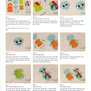 Step-by-step photo page from the Jack and Sally felt doll pattern PDF showing nine Sally doll steps