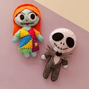 Jack Skellington and Sally felt dolls from The Nightmare Before Christmas shown full length