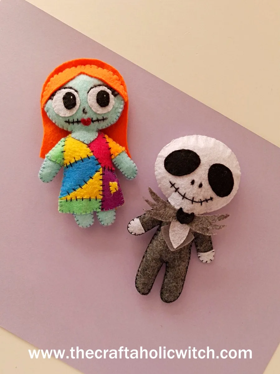 Jack and Sally, full length Jack Skellington and Sally felt dolls from The Nightmare Before Christmas shown full length