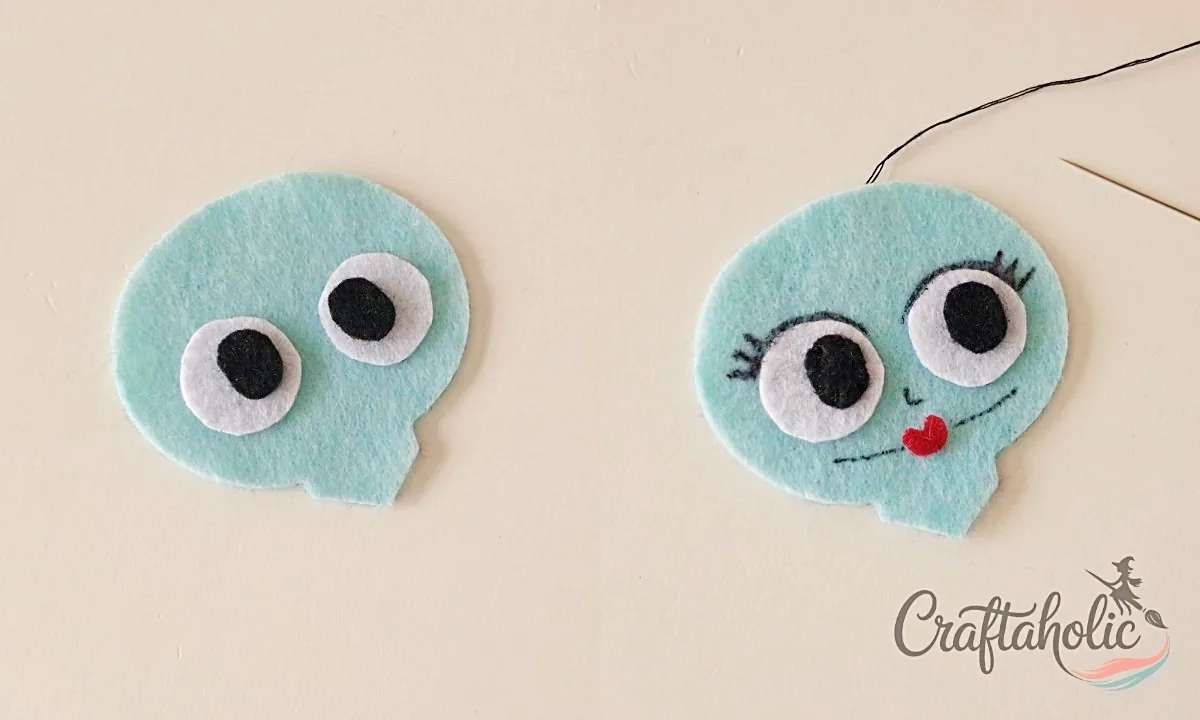 Sally's face layout Eye cutouts placed on the felt Sally doll head with traced eyelashes, nose and lips