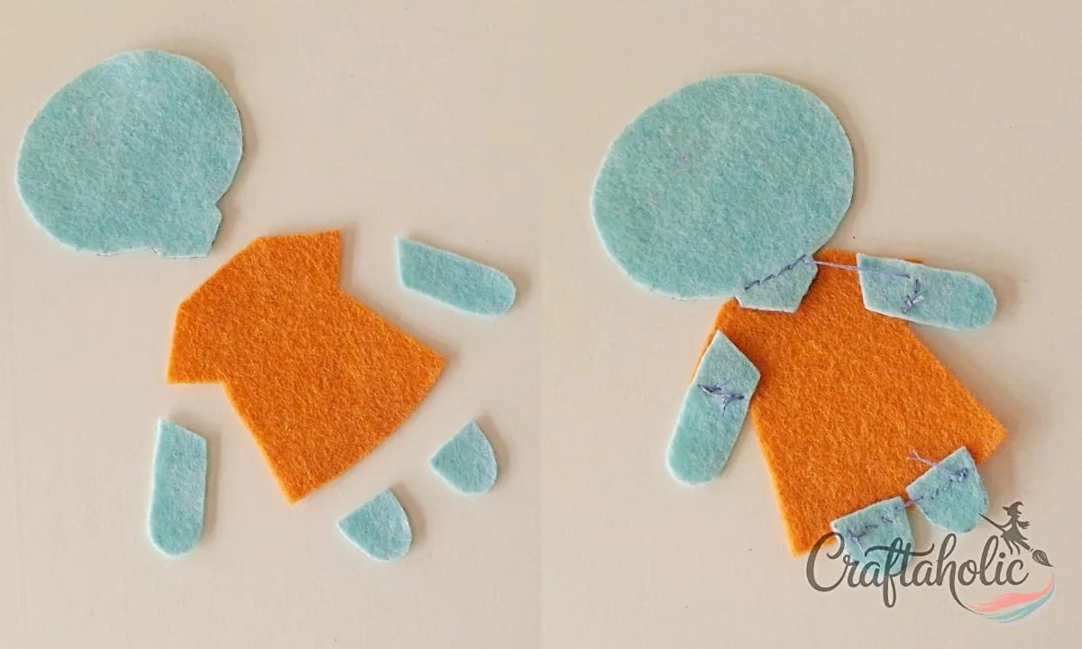 Back piece layout Head, arm and leg cutouts placed on the plain dress base for the back of the felt Sally doll