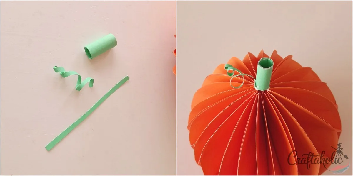 Stem, vine and leaf Rolled green paper stem, coiled vine strip and a pumpkin with the stem and vine in place